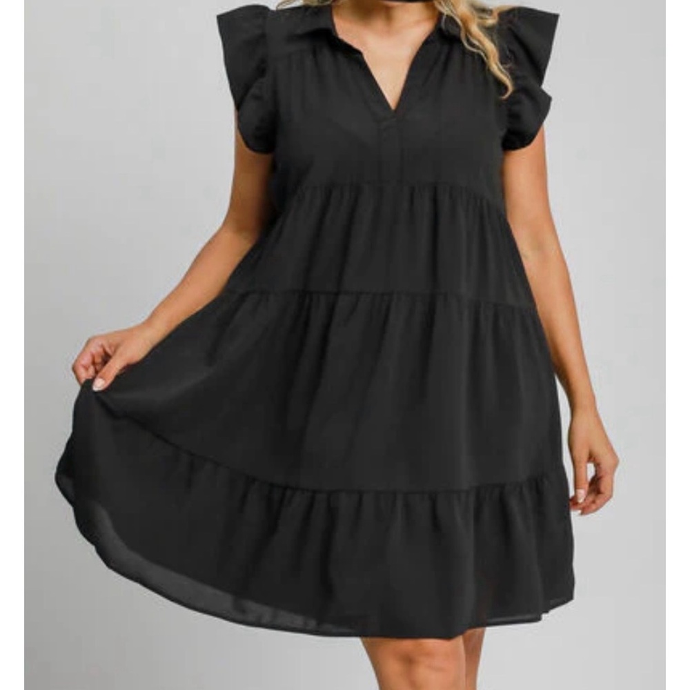 Umgee Black Tiered Midi Dress with Flutter Sleeves